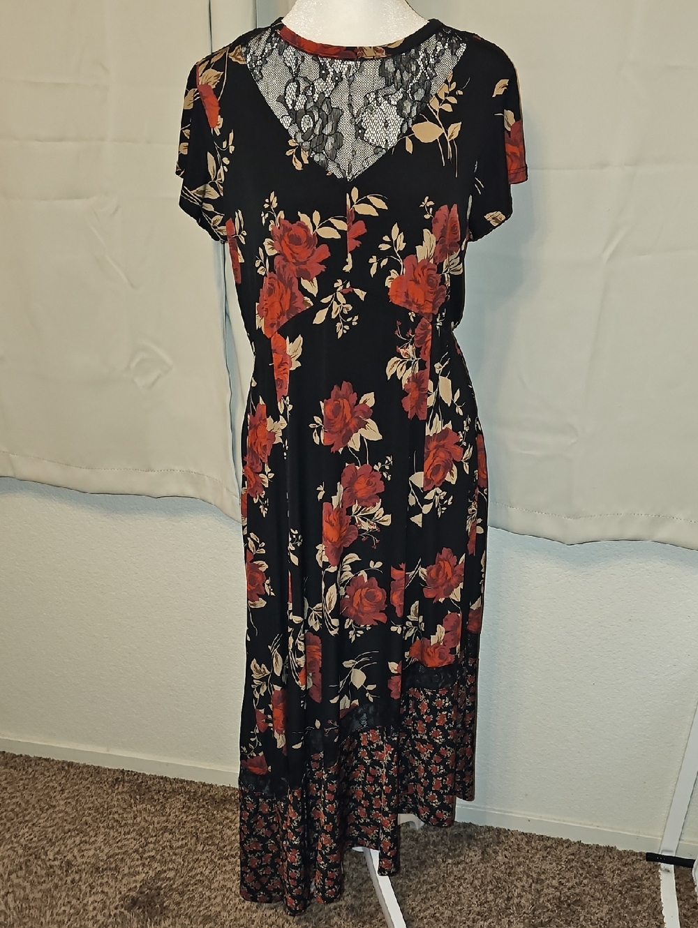Torrid Black Maxi Dress with Red Rose Print & Cream Leaves Lace Trim